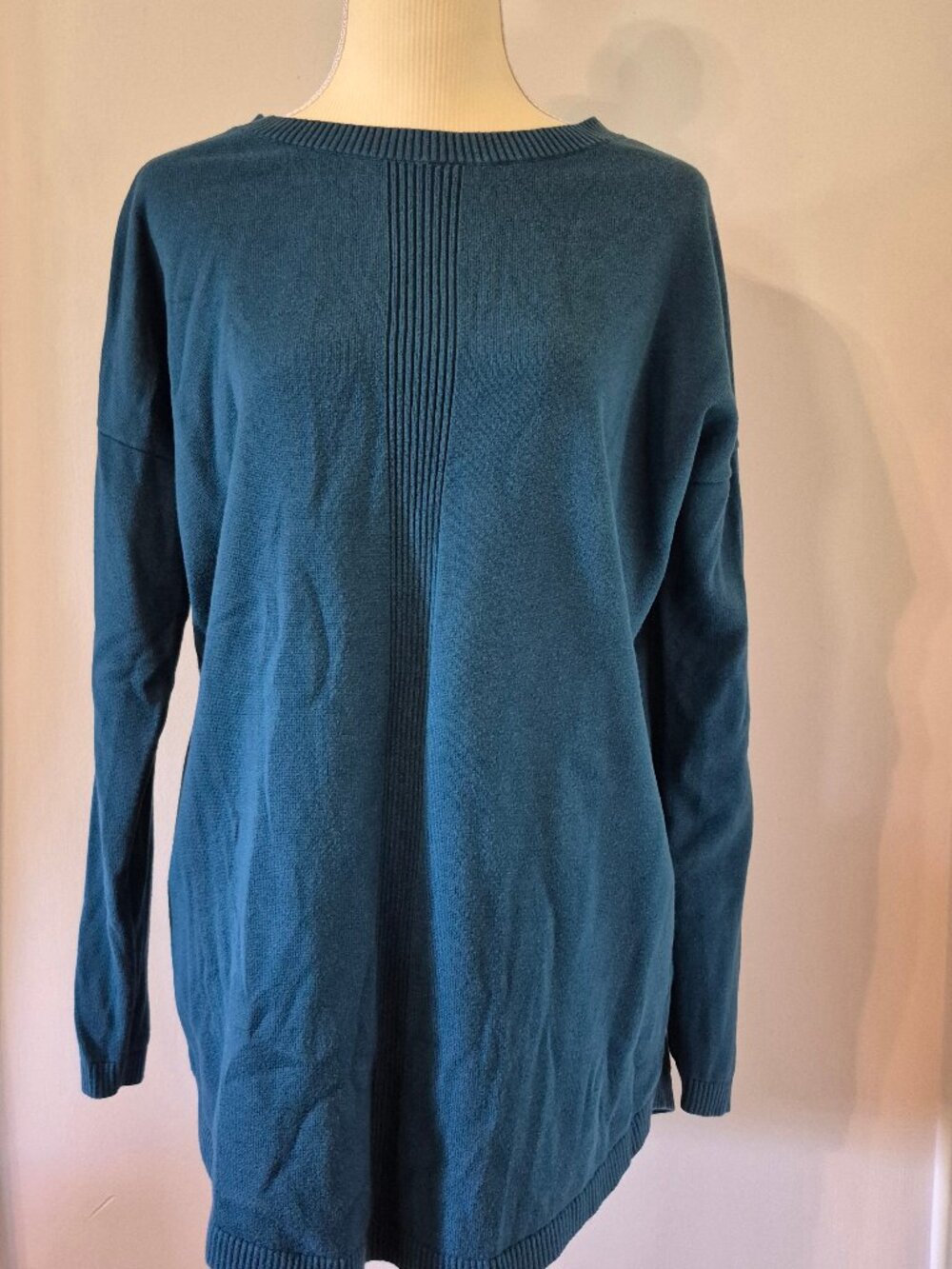 Lands' End Women's M Teal Blue Knit Tunic Sweater Vertical Pleat Detail Preppy